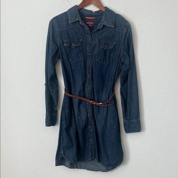 Merona Dresses & Skirts - Merona Blue Denim Button-Up Long Sleeve Belted Dress